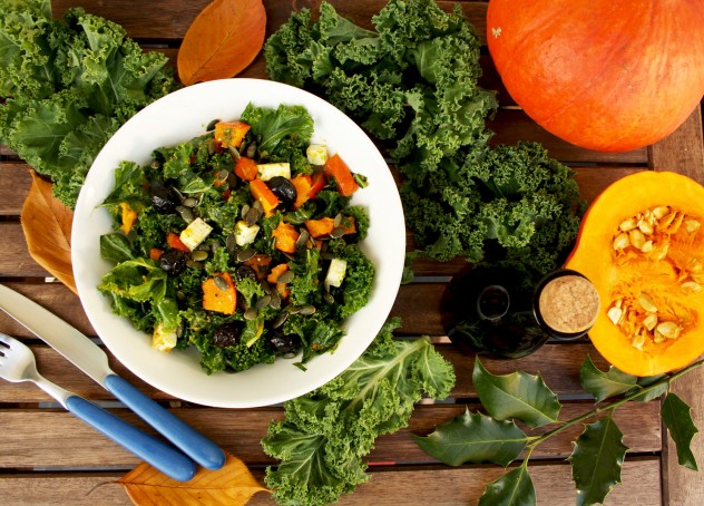 Kale Pumpkin Salad with Feta and Pesto Dressing: Easy-to-make, fast, healthy and delicious salad packed with fall flavors. Perfect seasonal salad!