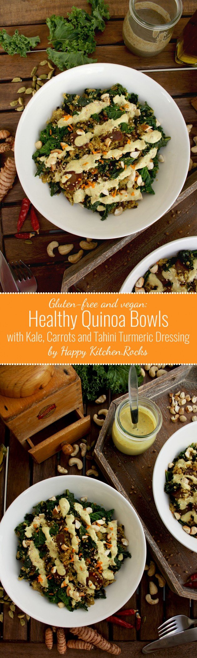 Healthy Quinoa Bowls with Kale, Carrots and Tahini Turmeric Dressing