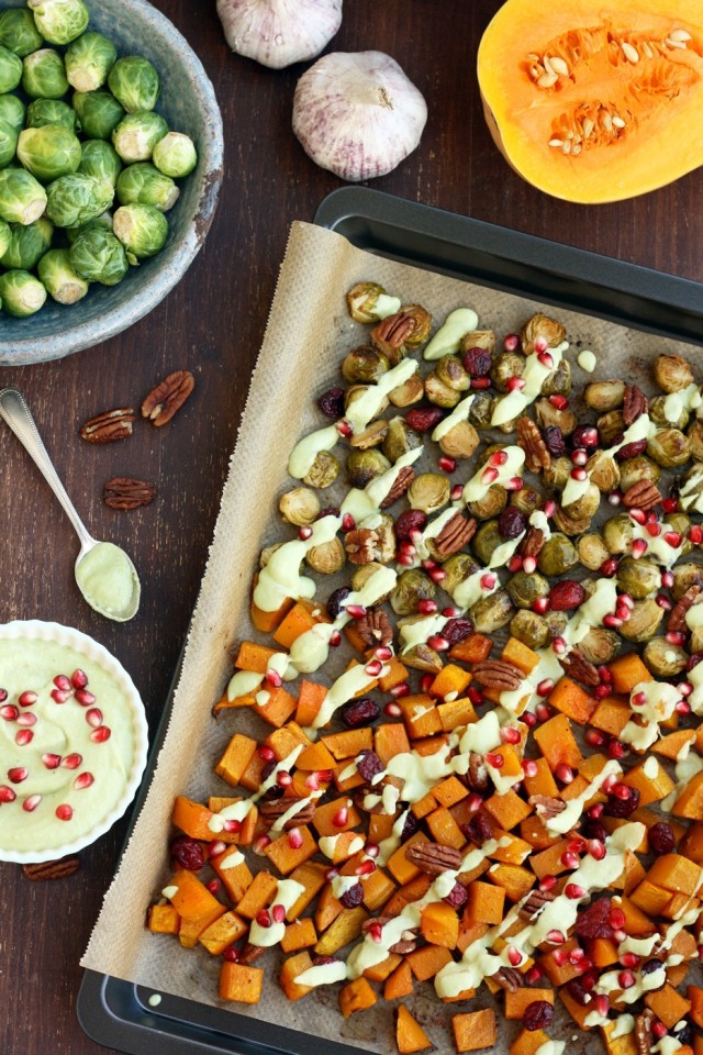 The best balsamic-maple roasted Brussels sprouts with butternut squash, pecans, cranberries and avocado roasted garlic dressing. Ultimate healthy vegan Thanksgiving side dish ready in just 40 minutes!