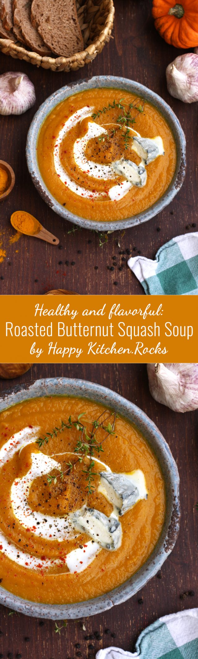 Creamy, flavorful and rich roasted butternut squash soup with carrots and garlic recipe. Add goat cheese to this easy vegan soup to make it extra delicious!