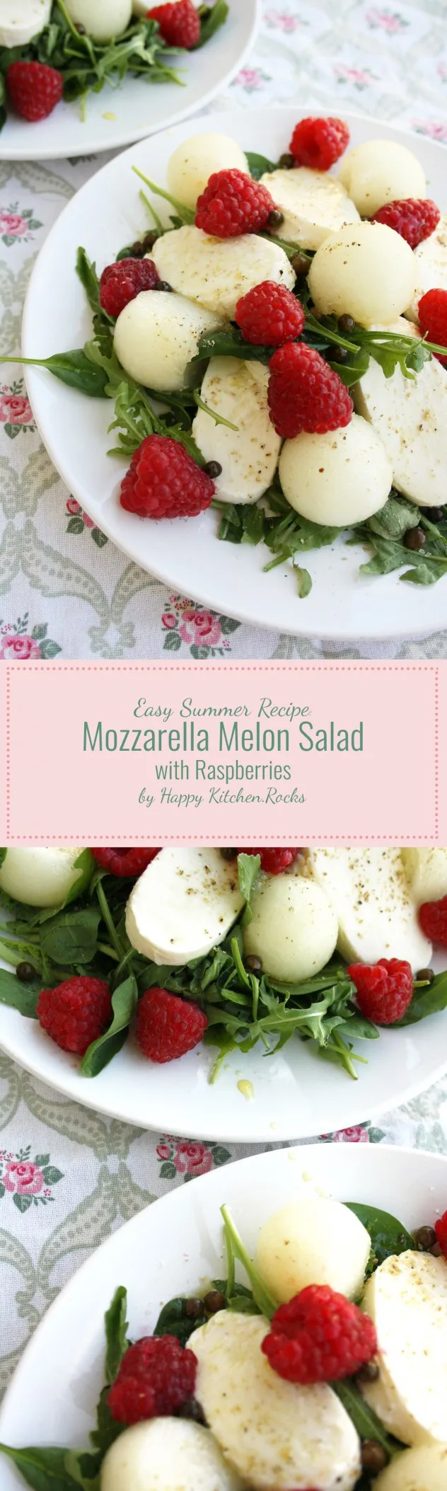 Mozzarella Melon Salad with Raspberries - a quick summer melon salad recipe with mozzarella, baby spinach, arugula and raspberries.