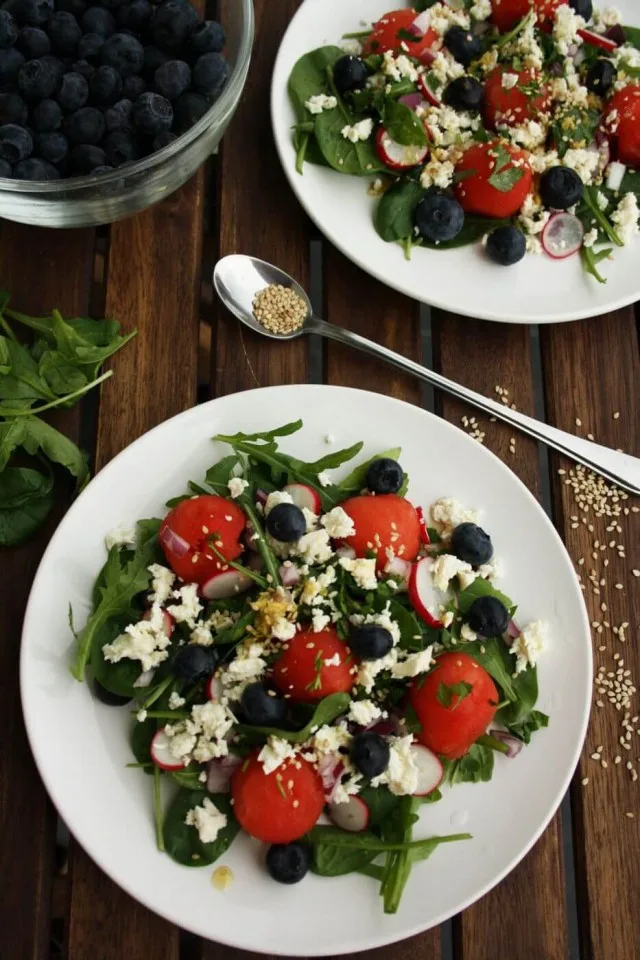 Refreshing Watermelon Feta Salad with Blueberries: A 15-min colorful summer salad recipe with Asian-style vinnaigrette. Perfect watermelon feta salad for a hot summer day!