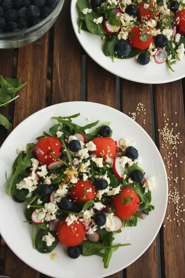 Refreshing Watermelon Feta Salad with Blueberries: A 15-min colorful summer salad recipe with Asian-style vinnaigrette. Perfect watermelon feta salad for a hot summer day!