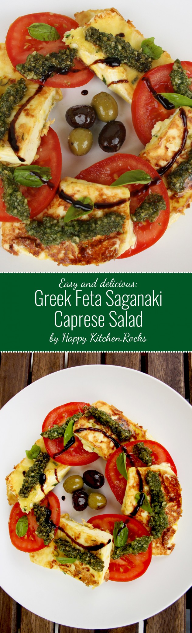 Greek Feta Saganaki Caprese Salad Recipe - easy and incredibly delicious! Made of tomatoes, fried Greek feta saganaki cheese with pesto sauce and Balsamico.