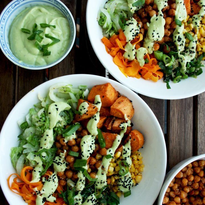 Healthy Veggie Bowls: Roasted and Stir Fried Veggies with Avocado Dressing