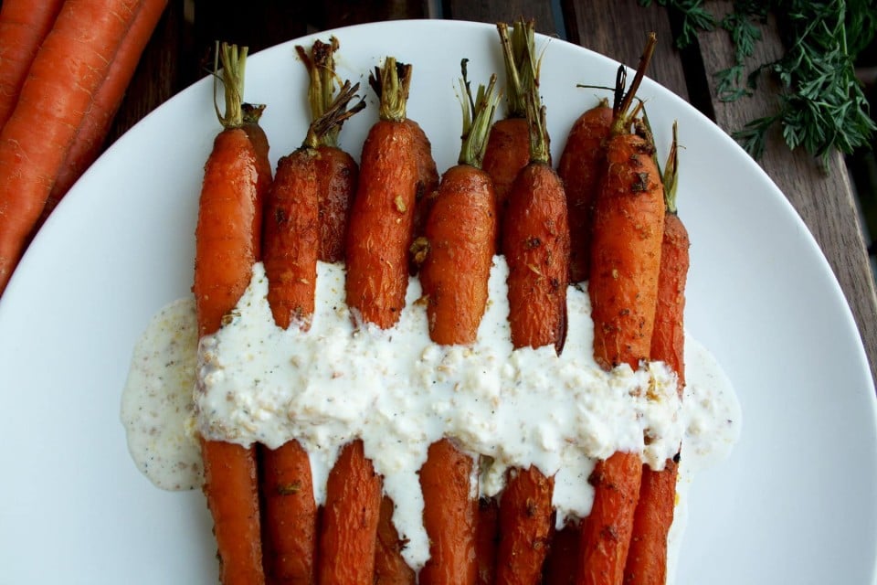 Roasted Carrots with Indian Spices and Cashew Feta Dip • Happy Kitchen