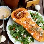 Roasted butternut squash with crunchy chick peas and smoked paprika tofu dip