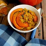 Vegan quinoa risotto "Quinotto" with roasted pumpkin, chick peas and saffron. Another pumpkin dish to make this autumn: Easy, delicious and healthy alternative to rice risotto. Low carb, paleo and low fat.