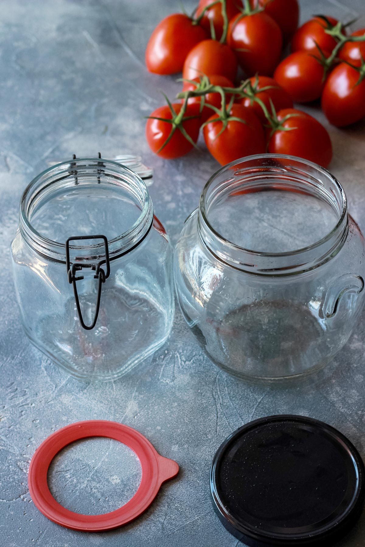 Sterilized jars for canning tomatoes.