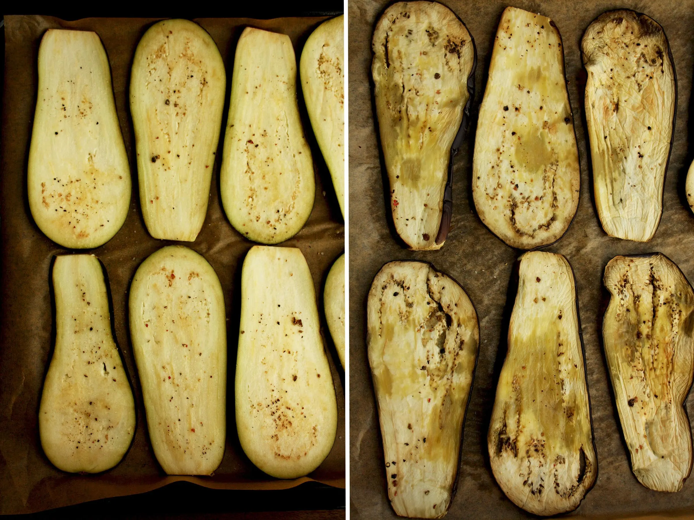 Process Shot of Baking Eggplants in the Oven.