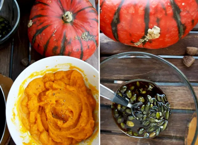 Creamy Pumpkin Puree with Mushrooms and Garlicky Pumpkin Oil: a 15 minutes easy recipe for a seasonal vegetarian dinner, packed with fall flavors.