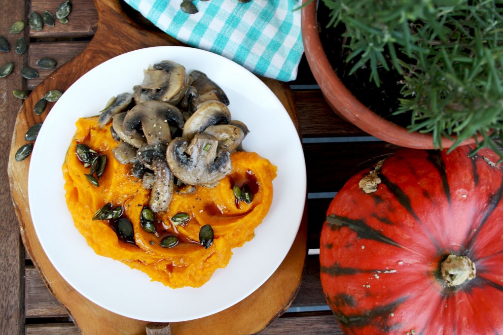 Creamy Pumpkin Puree with Mushrooms and Garlicky Pumpkin Oil • Happy
