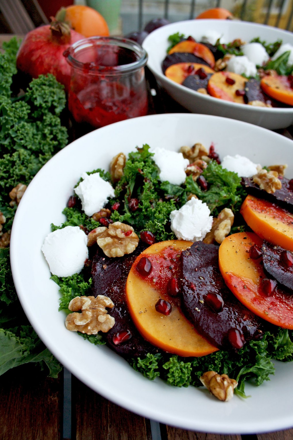 Beetroot Salad with Persimmon, Kale, Goat Cheese and Walnuts: Nutritious, delicious and flavorful 10 minutes salad. Perfect for a healthy fall lunch!