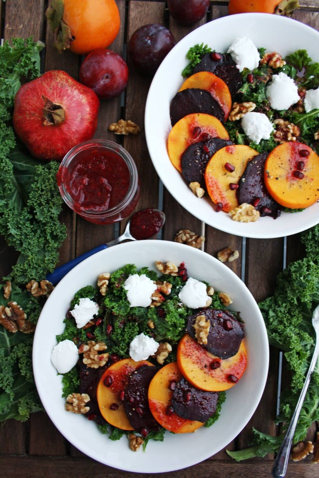 Beetroot Salad with Persimmon, Kale and Goat Cheese • Happy Kitchen