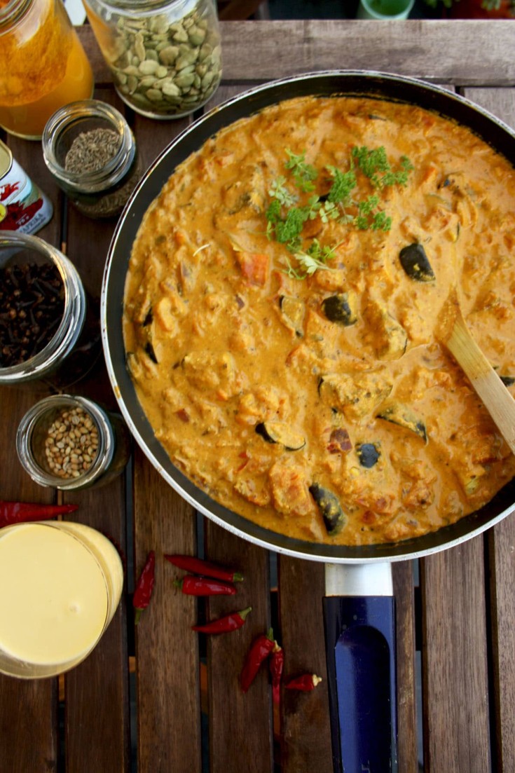 Roasted Eggplant Sweet Potato Curry with Cheese Paratha • Happy Kitchen