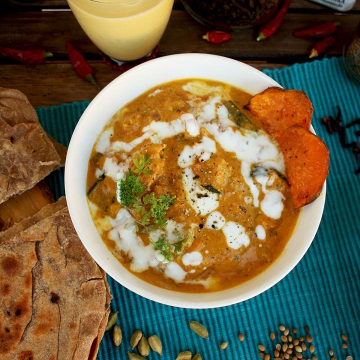 Roasted Eggplant and Sweet Potato Indian Curry with Cheese Paratha Flat-Bread - wholesome and flavorful seasonal vegetarian curry. Perfect to make ahead!