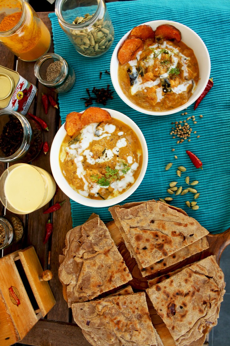 Roasted Eggplant Sweet Potato Curry with Cheese Paratha • Happy Kitchen