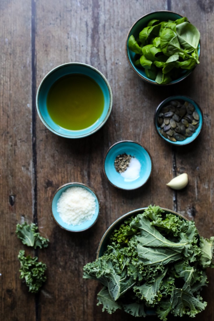 Kale Pumpkin Salad with Feta and Pesto Dressing • Happy Kitchen
