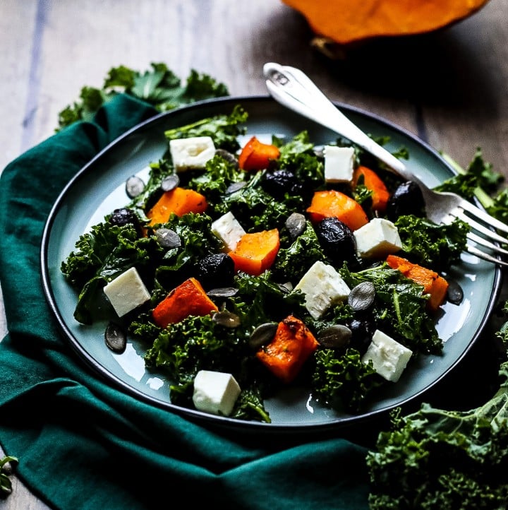 Kale Pumpkin Salad with Feta and Pesto Dressing • Happy Kitchen