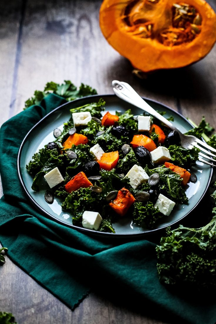 Kale Pumpkin Salad with Feta and Pesto Dressing • Happy Kitchen