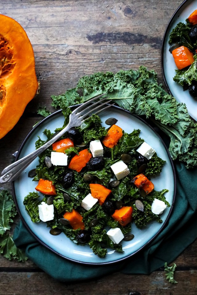 Kale Pumpkin Salad with Feta and Pesto Dressing • Happy Kitchen