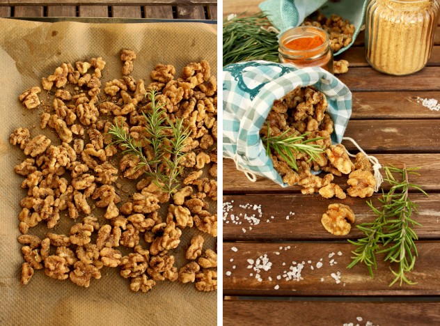 Salted Caramel Walnuts with Rosemary: Delicious, flavorful and healthy snack made in just 10 minutes with 5 ingredients. Easy and fancy Christmas gift!