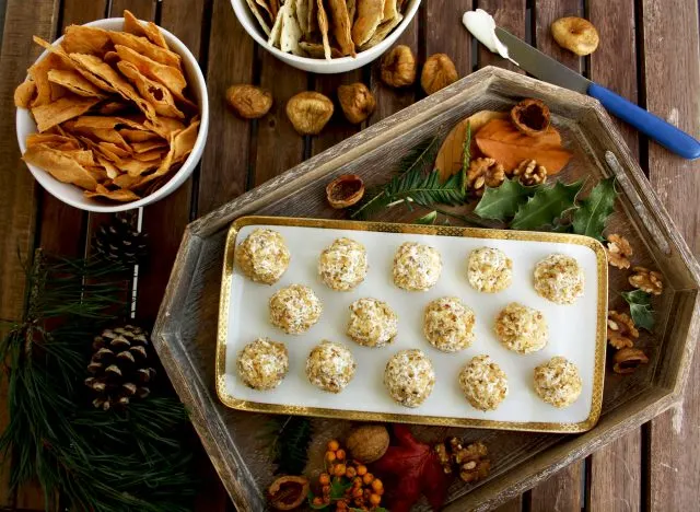 Mini Cheese Balls with Pine Nuts on a Plate