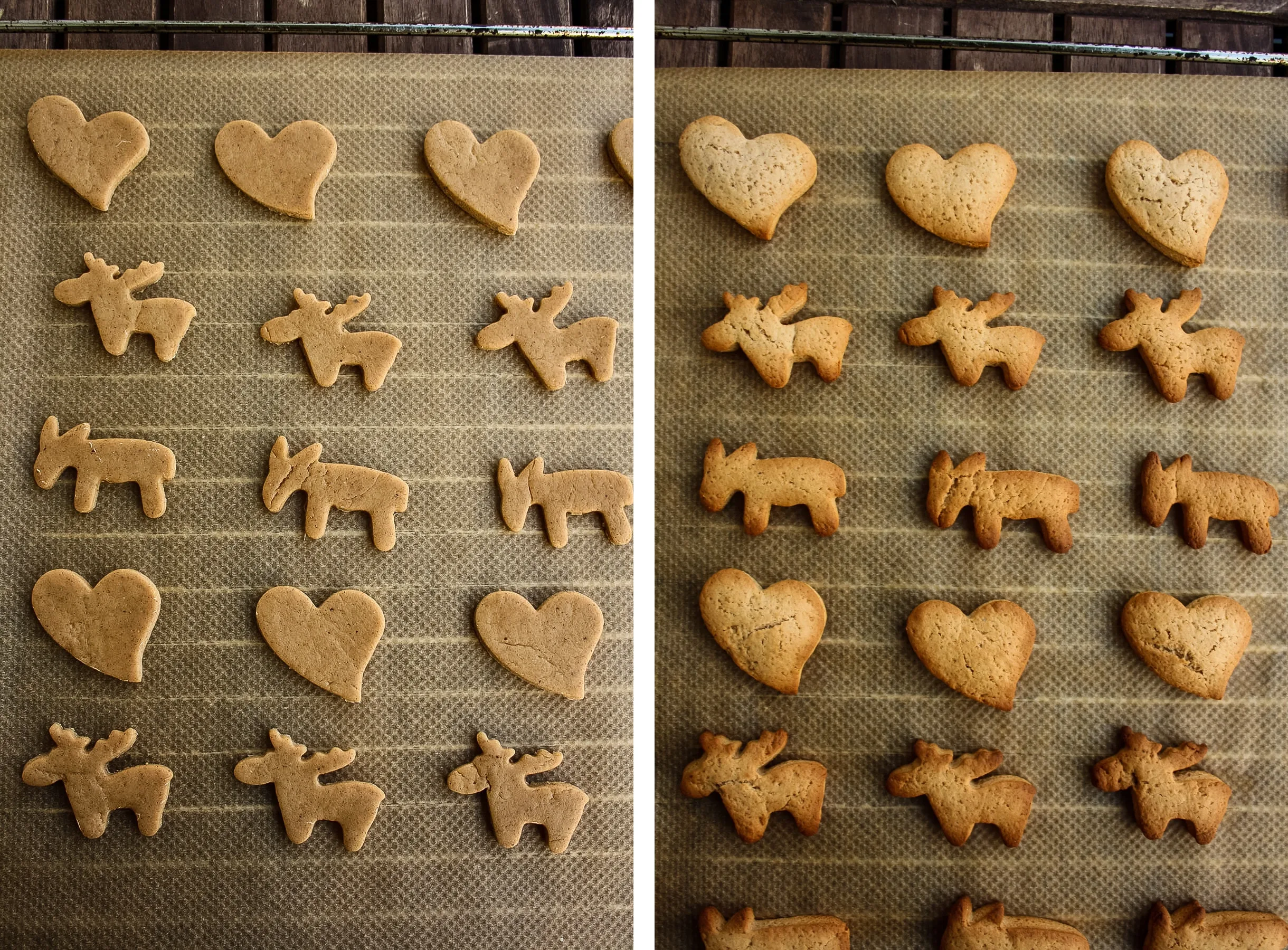 Unbaked and Baked Heart- and Reindeer-Shaped German Cookies.