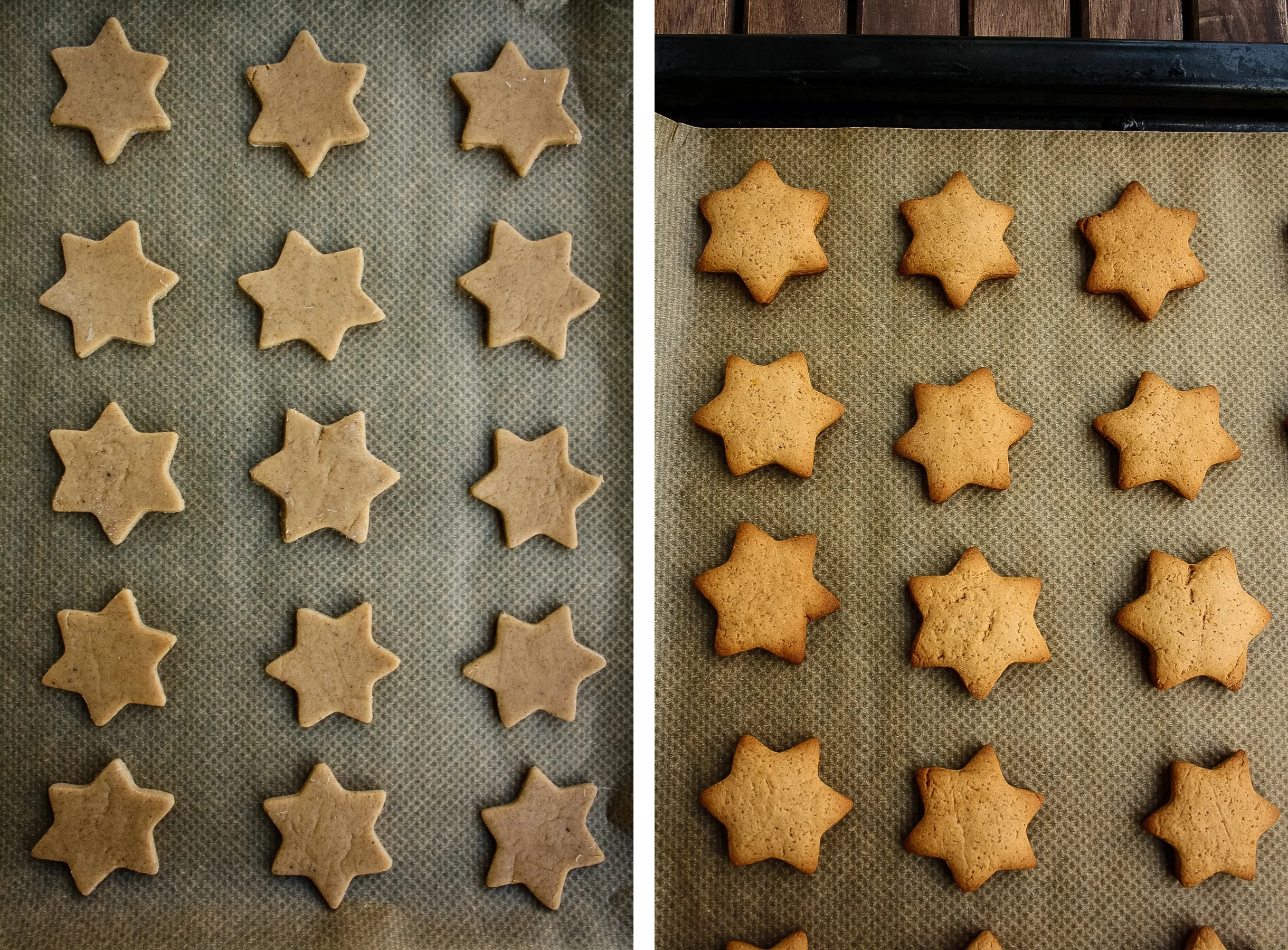 Unbaked and Baked Star-Shaped German Christmas Cookies.
