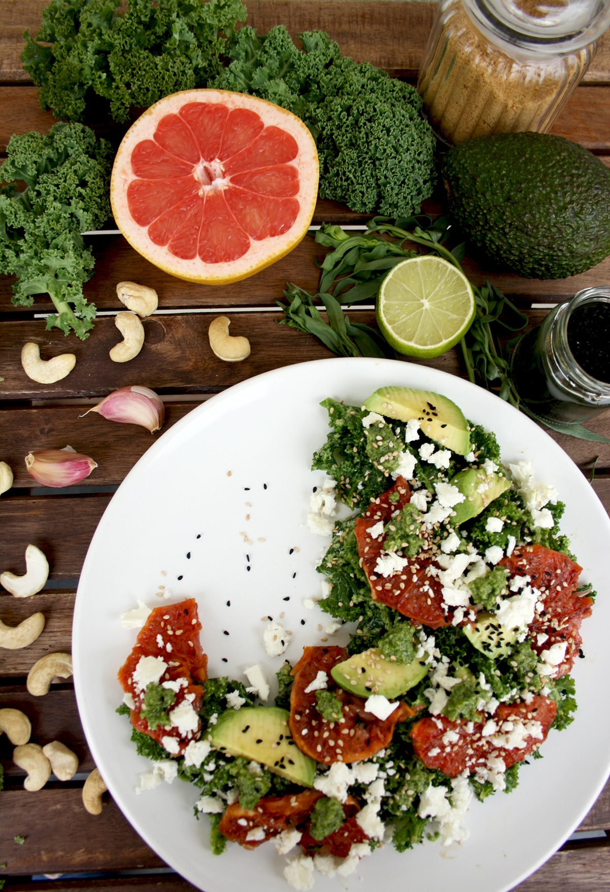 Kale Salad with Caramelized Grapefruit, Avocado, Feta and Pesto