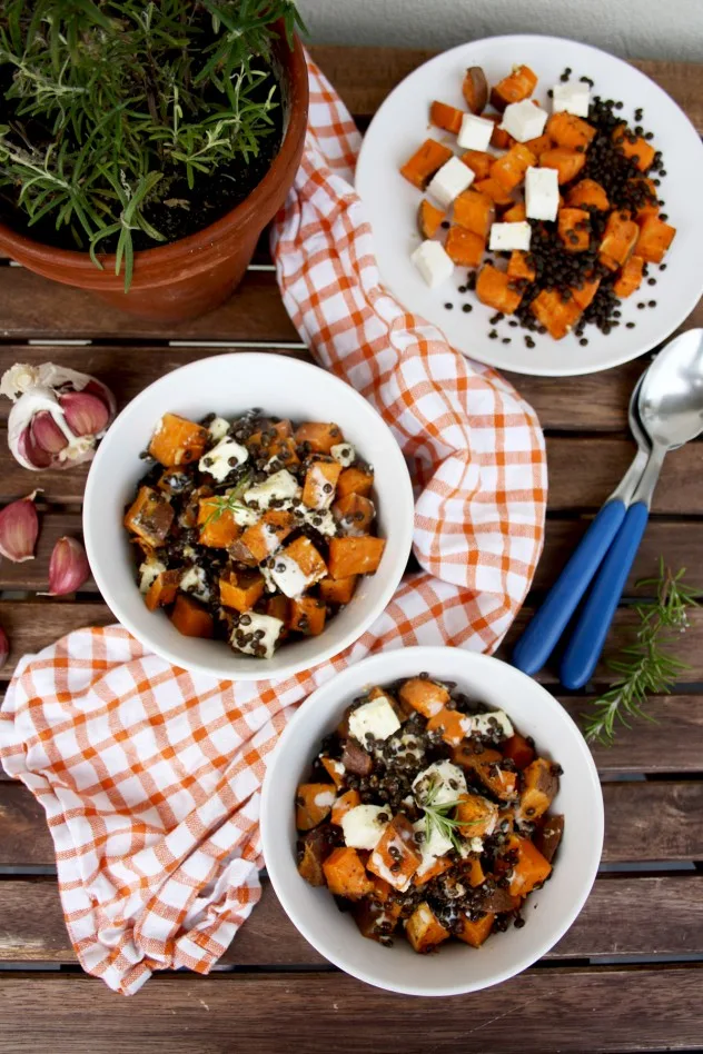 Roasted Sweet Potatoes with Beluga Lentils and Feta Cheese: Easy, healthy, gluten-free and comforting vegetarian dinner with minimum efforts!
