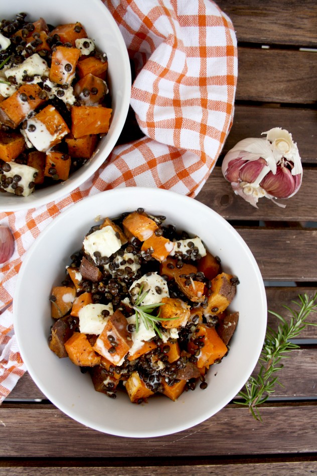 Roasted Sweet Potatoes with Beluga Lentils and Feta Cheese: Easy, healthy, gluten-free and comforting vegetarian dinner with minimum efforts!