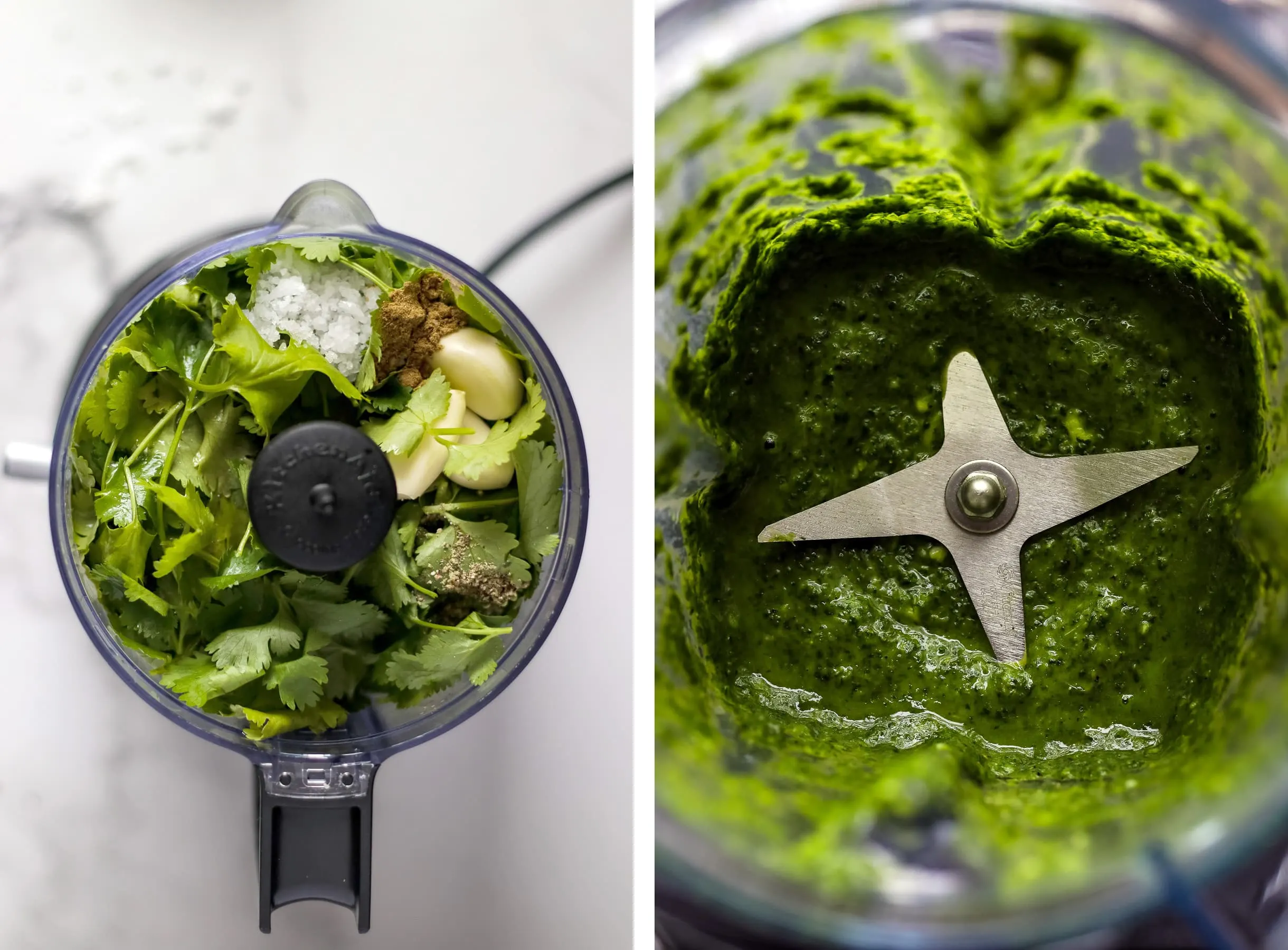 Ingredients for Canarian Green Sauce in a Blender Before and After Blending.