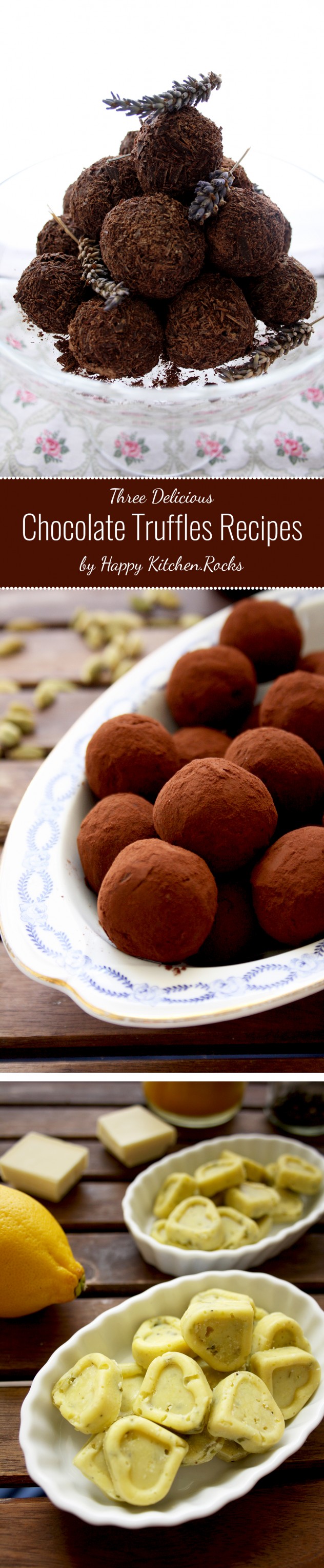 Three Delicious Chocolate Truffles Recipes. Three amazing favors: dark chocolate with cardamom or lavender and white chocolate with lemon and pistachios.