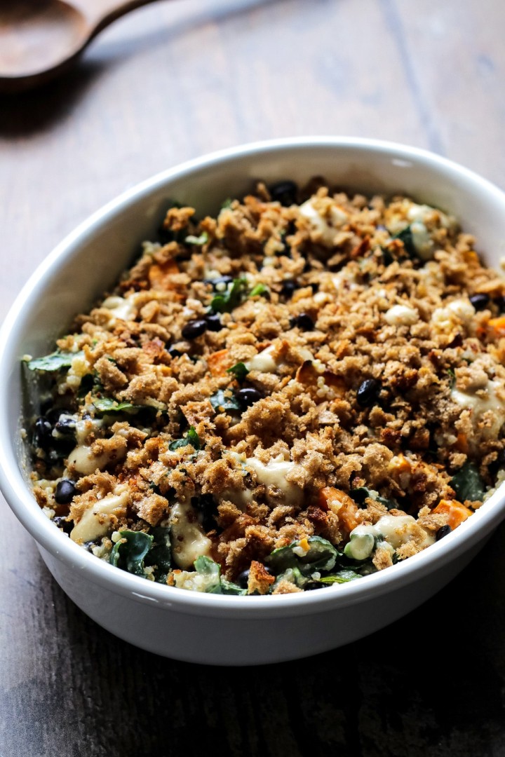 Sweet Potato Casserole with Black Beans, Kale and Quinoa • Happy Kitchen
