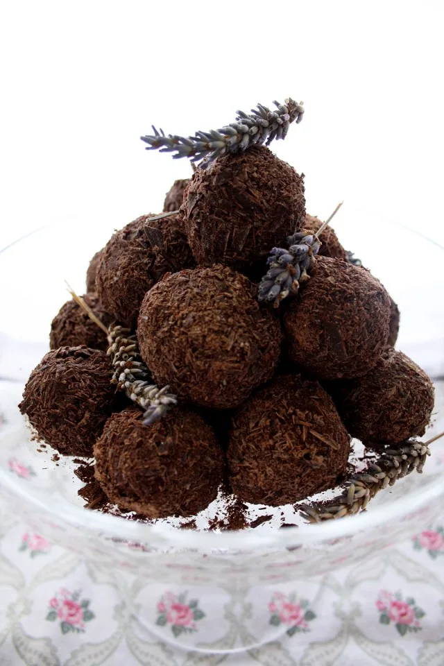 Three Chocolate Truffles Recipes Decorated with Lavender and Photographed from the Side. Source: happykitchen.rocks
