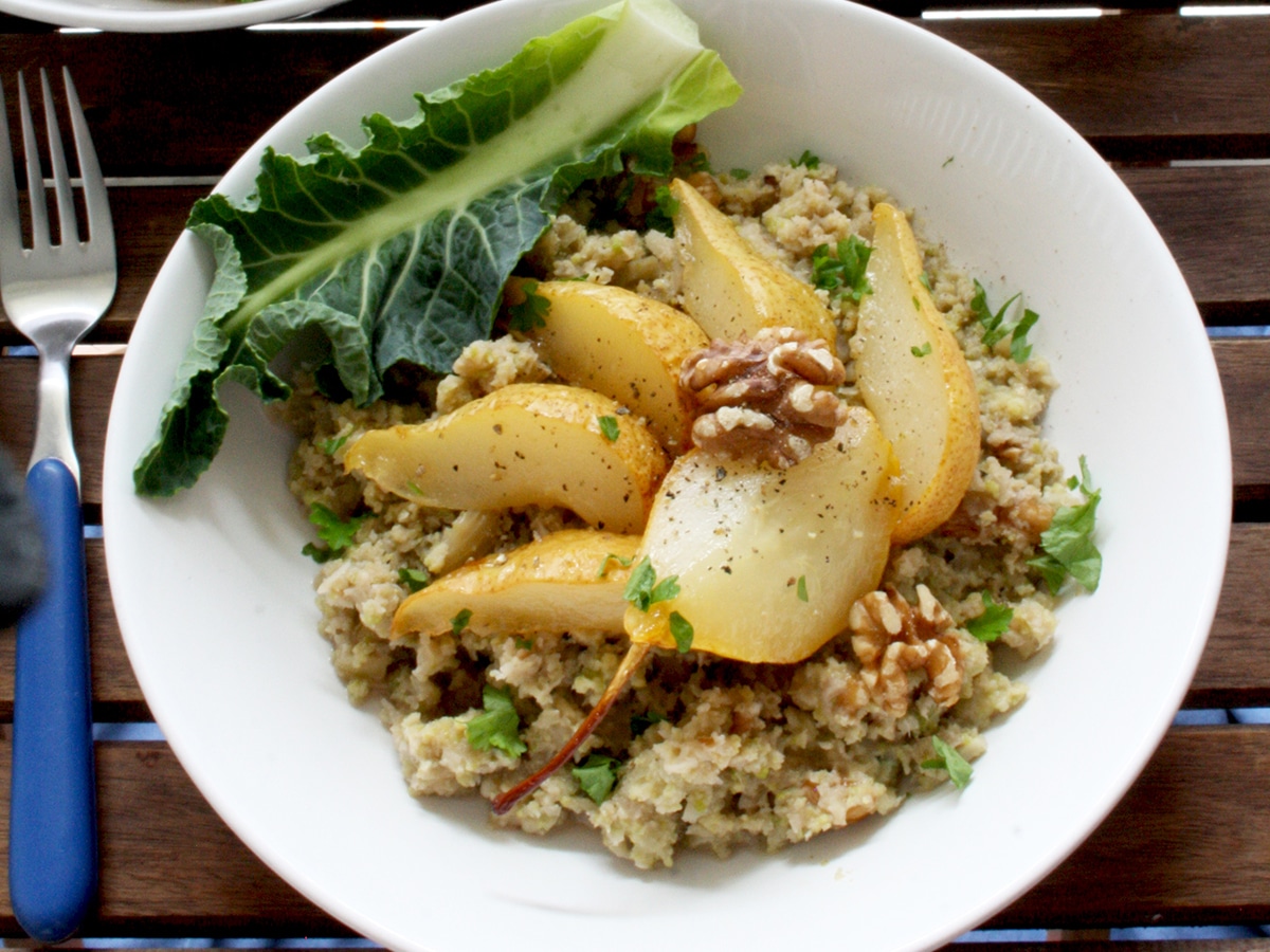 Cauliflower Risotto with Caramelized Pears, Blue Cheese and Walnuts