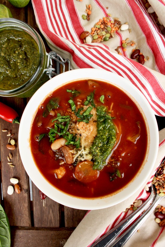 This hearty and well-balanced vegan minestrone soup is packed with seasonal vegetables, beans, lentils and whole grains. Use any veggies you have on hand!