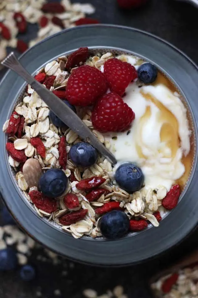 Muesli Recipe: A Healthy and Delicious Breakfast Idea - Beautiful Overhead Closeup with Delicious Berries