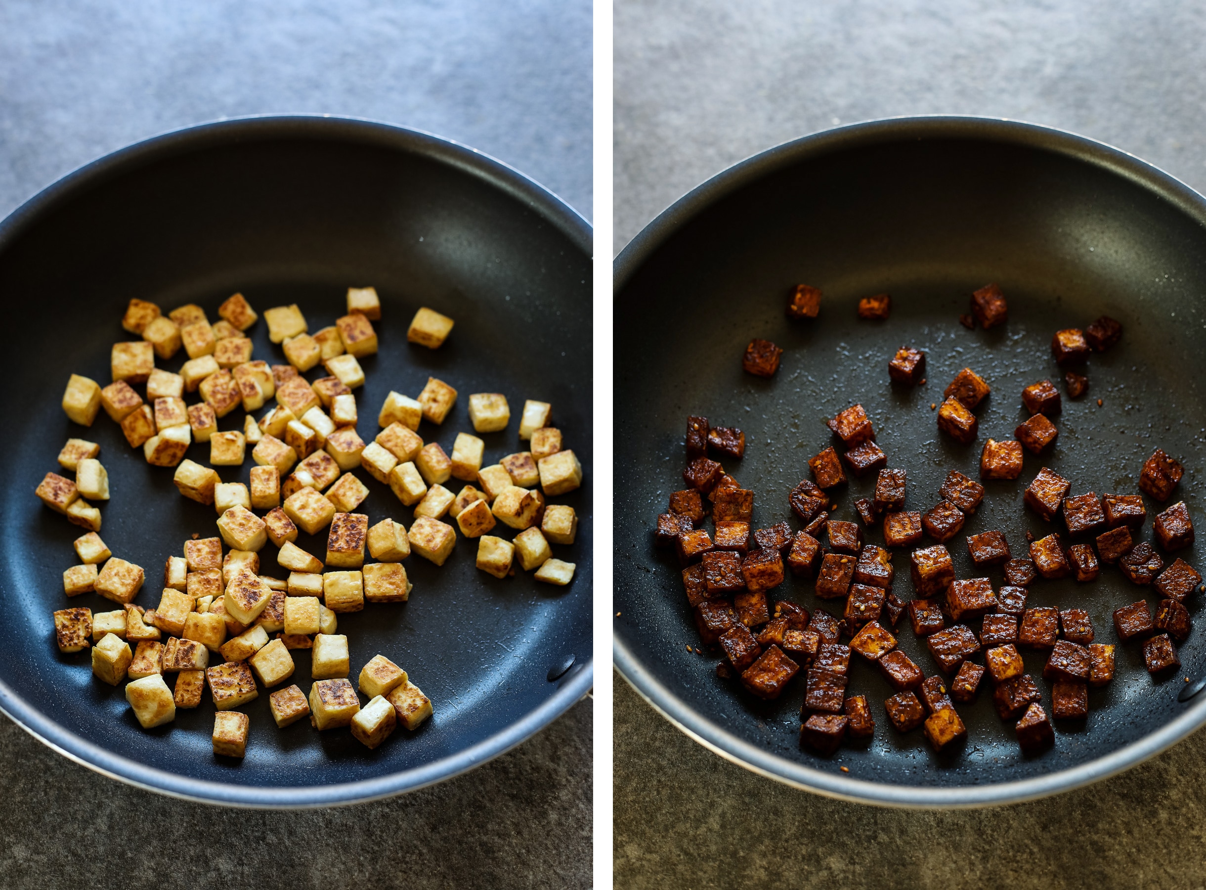 Pan-Seared Tofu Before and After Adding Marinade.