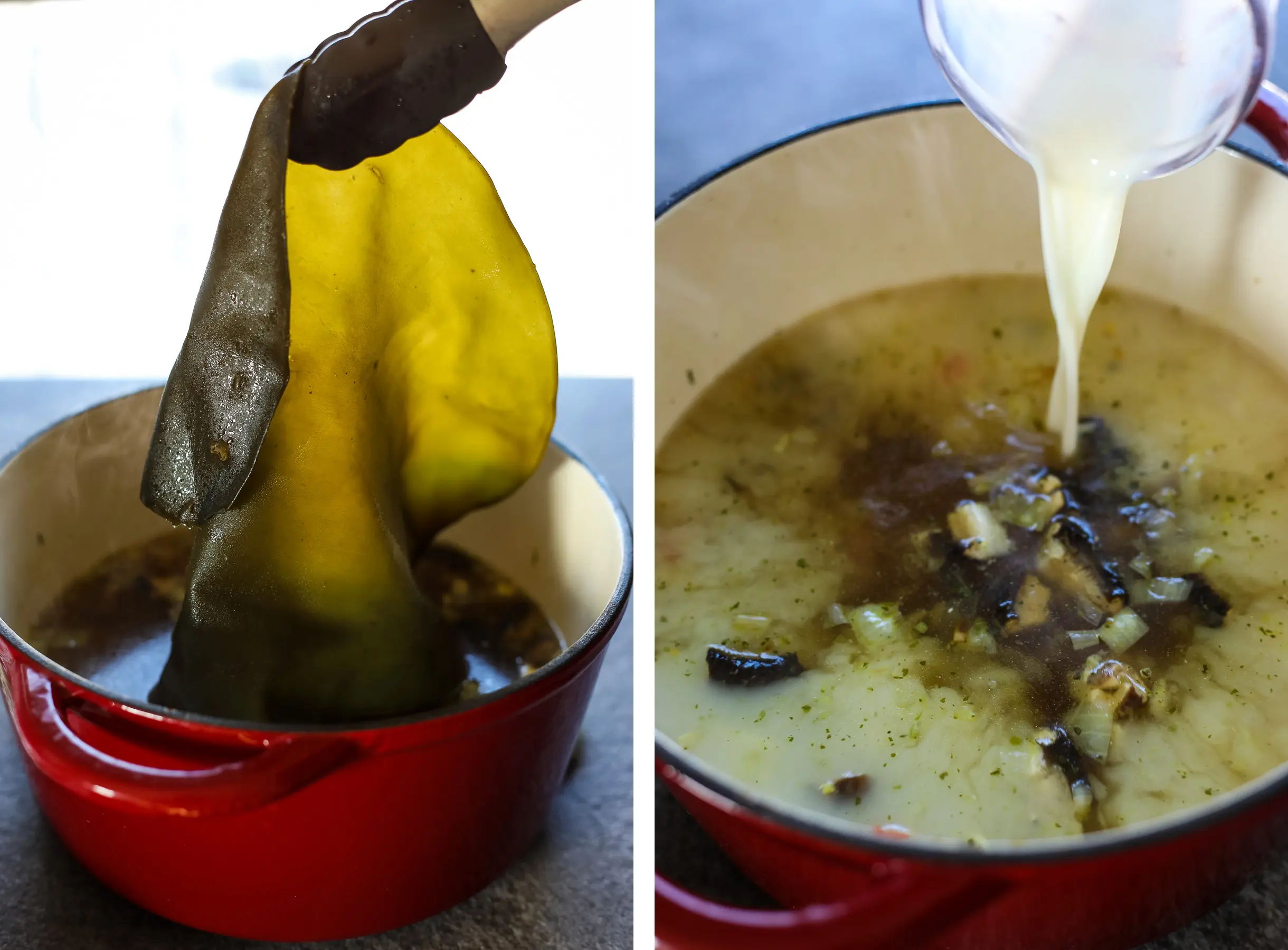 Removing Kombu with Kitchen Tongs and Adding Almond Milk to the Ramen Broth.