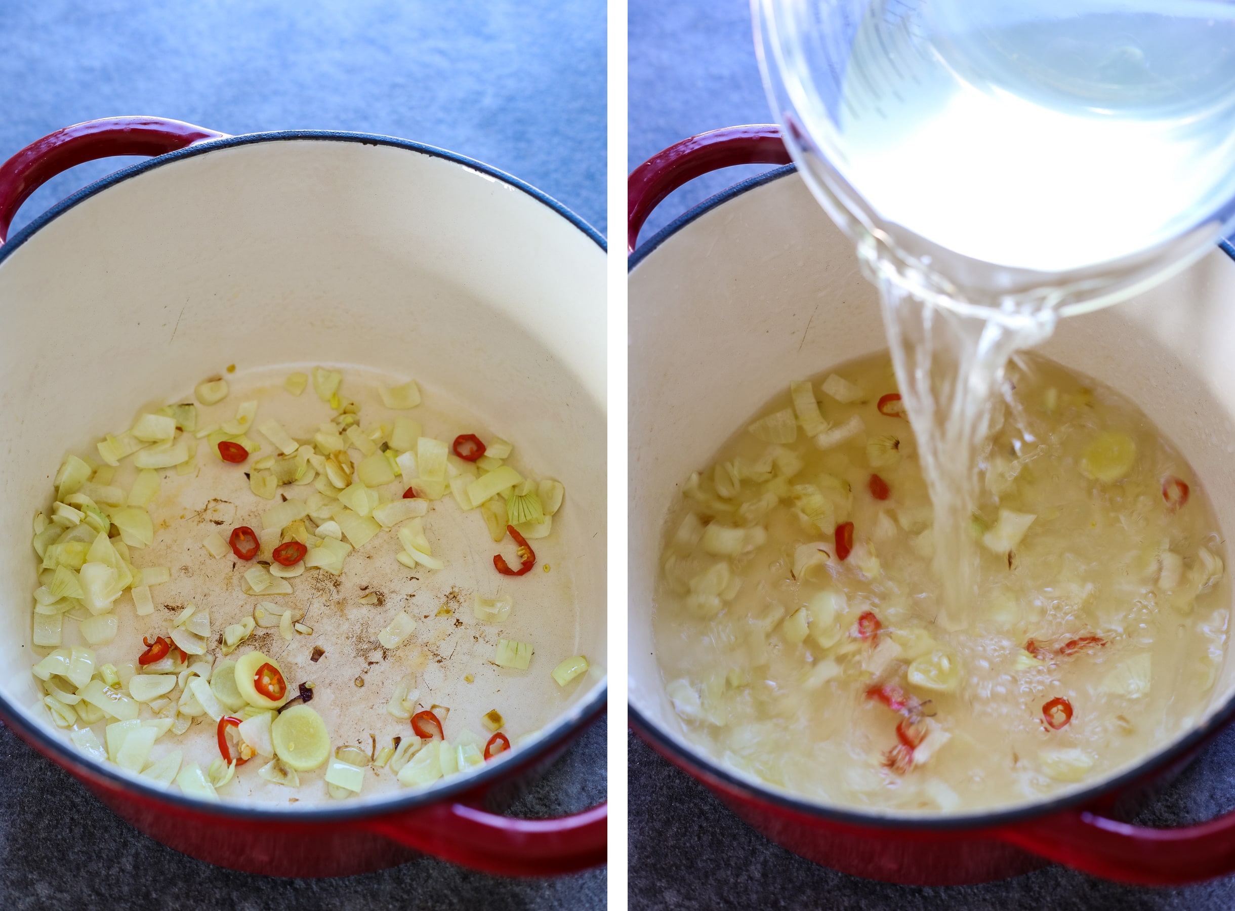 Collage of sauteed onions, garlic, ginger and chili pepper in the Dutch oven and adding broth to them.