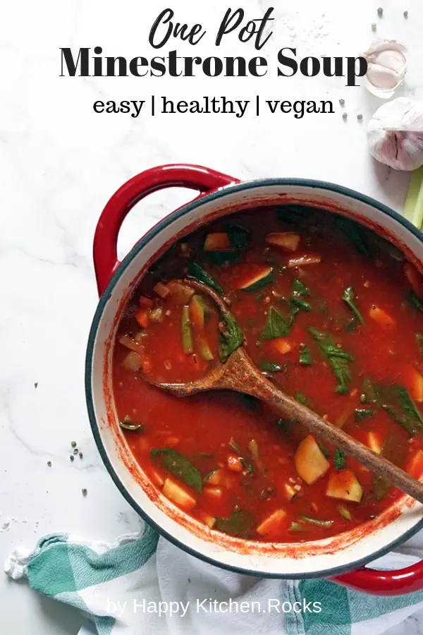Vegan Minestrone Soup in a Pot Pinterest Collage with Text Overlay