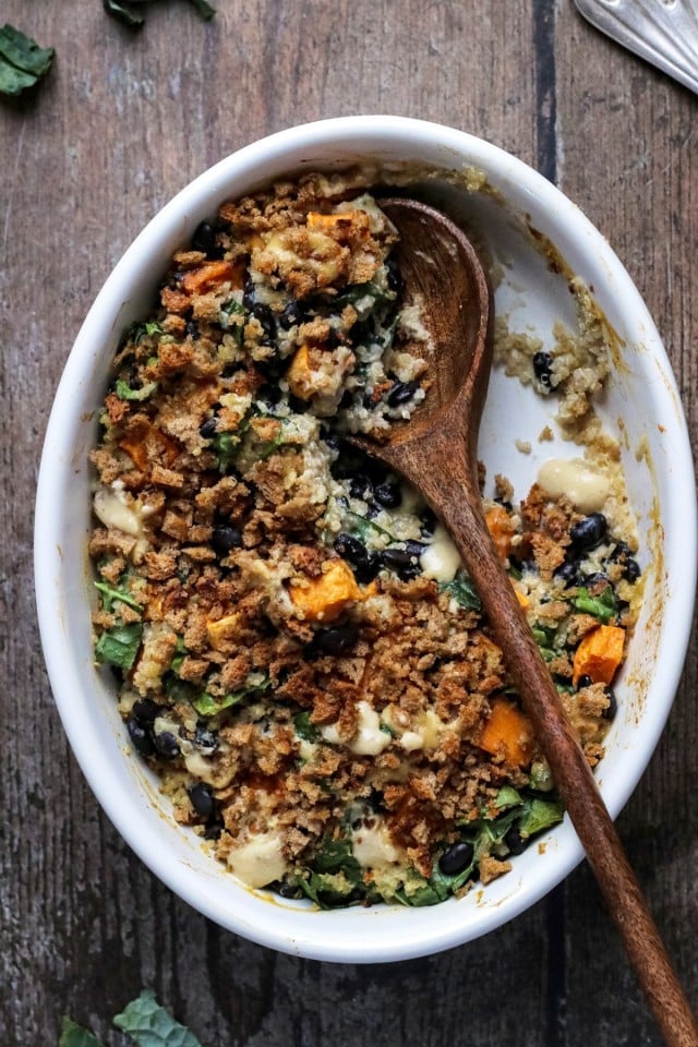 Sweet Potato Casserole with Black Beans, Kale and Quinoa • Happy Kitchen