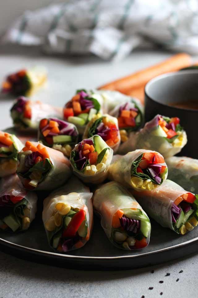Fresh Vegan Spring Rolls in a Shadow but Shining Bright with the Colors