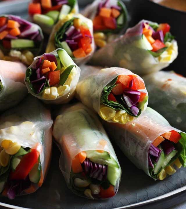 Fresh Vegan Spring Rolls Stacked, Colorful and Inviting
