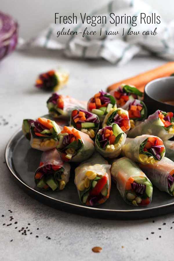 Fresh Vegan Spring Rolls on a Tray with Seeds Around Collage with Text Overlay