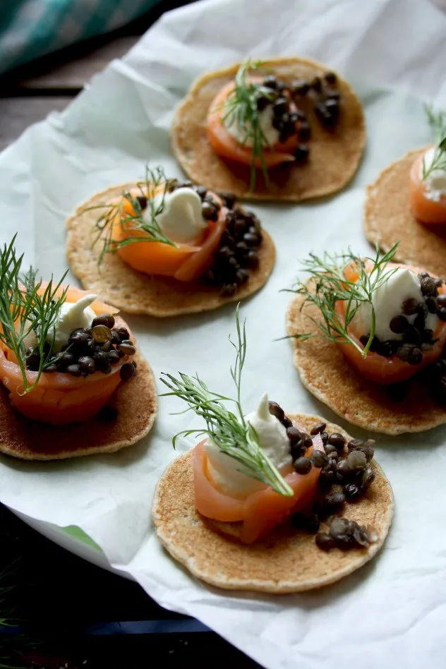 Healthy, gluten-free and delicious Russian style buckwheat pancakes made from only 5 ingredients in 20 minutes! Garnish them with smoked salmon, crème fraiche, beluga lentils and dill for a truly Russian flavor.