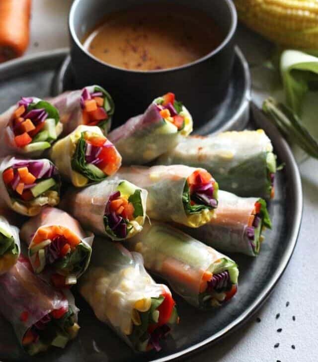 Fresh Vegan Spring Rolls with Sauce and Corn Aside