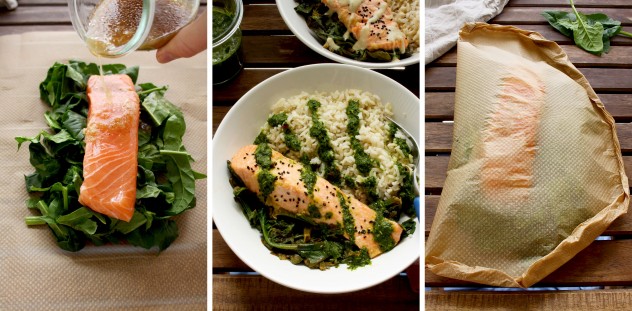Easy and healthy parchment salmon baked with spinach and ginger-garlic sauce: a 20-min recipe of a delicious, quick and nutritious go-to weeknight dinner. Gluten free, low carb, low fat.